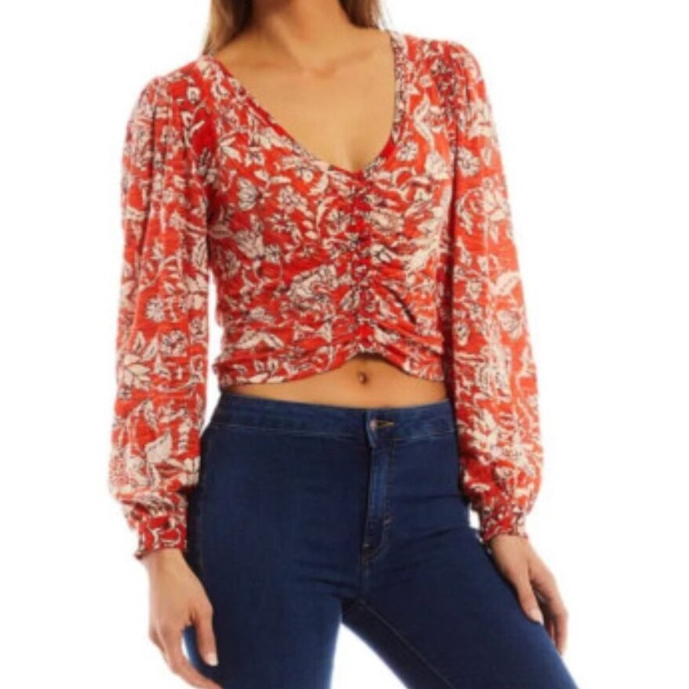 Free People Say The Word Floral Print Ruby Red Ruched Long Sleeve Top Small